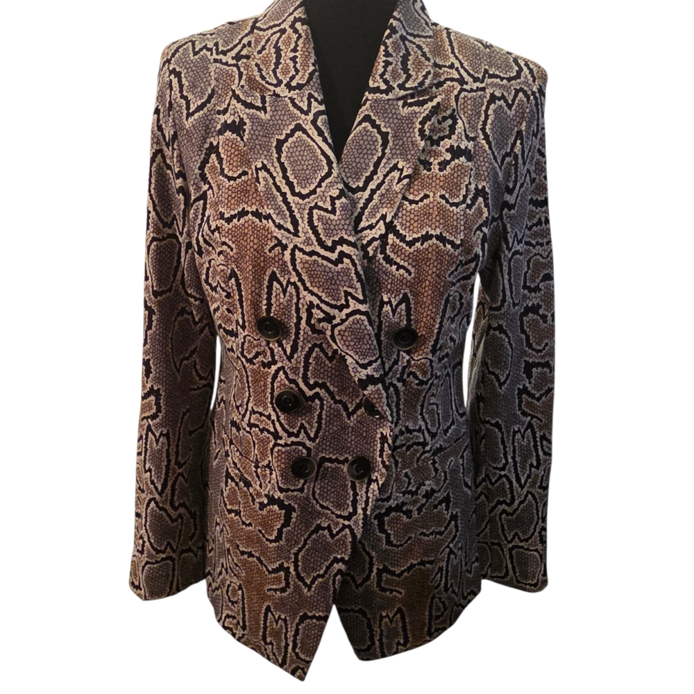 Women's CAbi Snake Python Print Double-Breasted Blazer in Brown & Black, Size 8